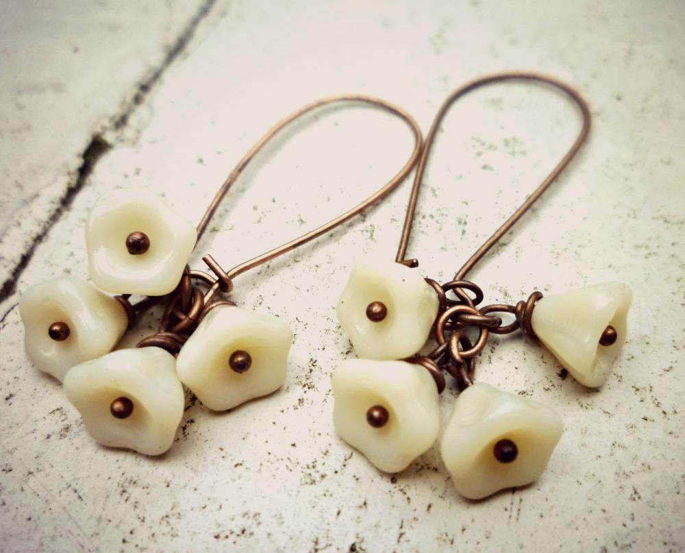 Czech Glass Bell Flowers Vanilla Cream. Antiqued copper kidney wire. Spring jewelry. Summer. Beach. White flower Earrings. Copper earrings.
