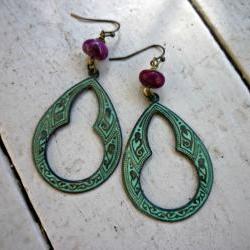 Verdigris Patina Brass Hoops. Earrings. Boho. Hippie. Purple gemstone. Purple earrings. Green patina earrings. Brass charms.