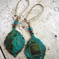 Arabian Medallions in Verdigris Patina. Cocunut rondelle bead. Brass spacer beads. Brass kidney ear wire. Green. Turquoise.